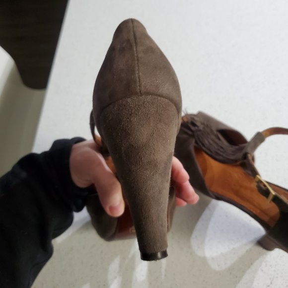 Chie Mihara micro suede leather heals - fringe t strap front - Picture 7 of 12